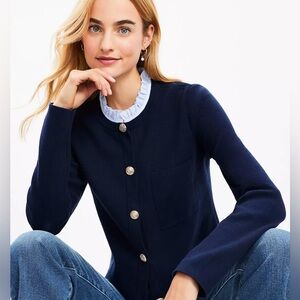 LOFT Women's Navy Gold Buttons Ruffle Collar Cardigan Sweater Jacket M NEW